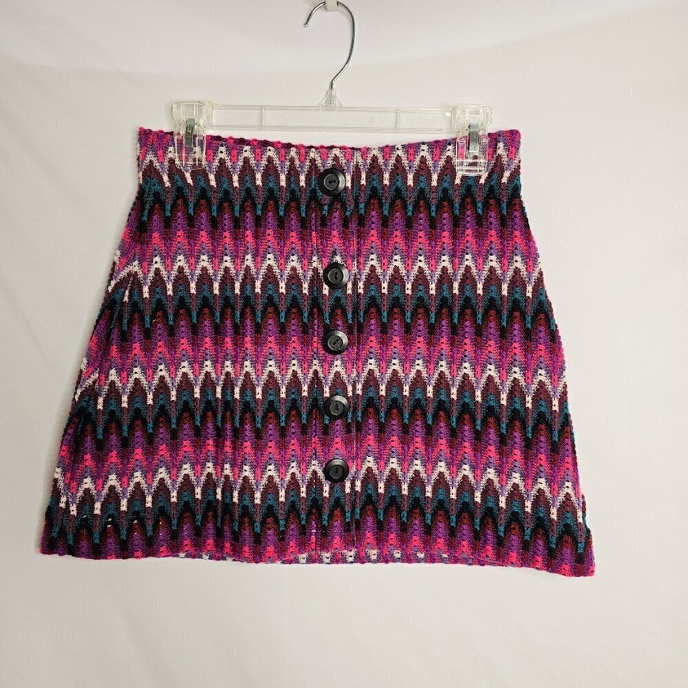 FREE PEOPLE Skirt size M PURPLE PINK WHITE BLUE Twee Knit Retro Mini Whimsical - Picture 2 of 6